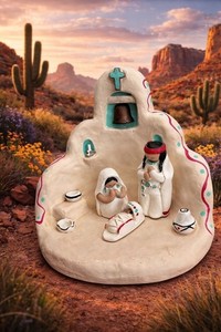 Cleo Teissedre Southwestern Pueblo Nativity Set Adobe Church 1990 Signed 5"