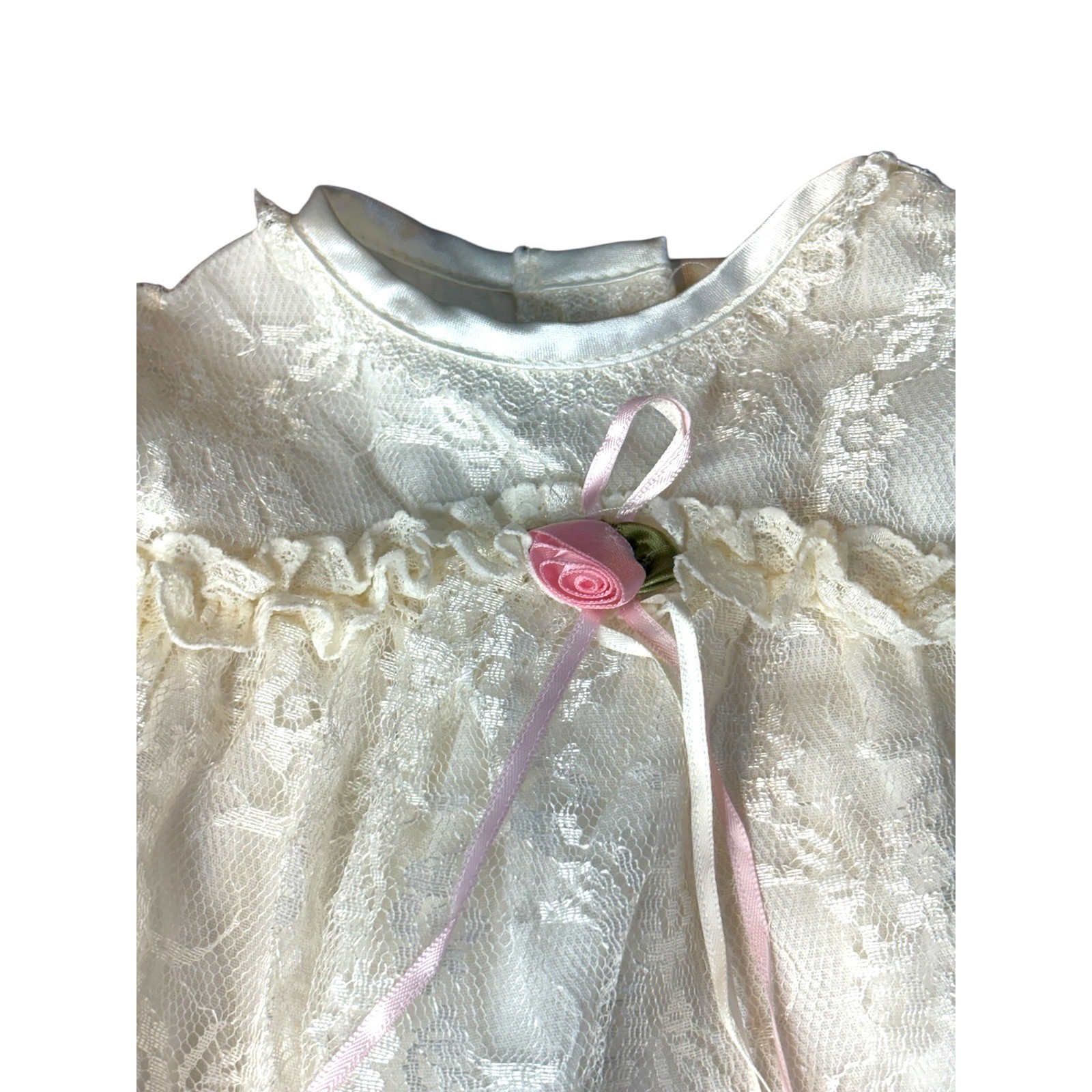 Vintage Brooke Lindsay Baby Dress Lace Ivory Pink Rose Ribbon Ruffles Size 6-9M