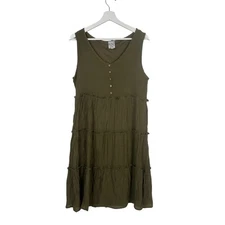 Naif Tiered Crinkle A-Line Boho Mini Dress sz L Olive Green Ruffled Sleeveless