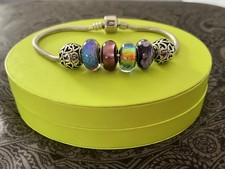 Chamilia 925 Silver Bracelet & Iridescent Chamilia Murano Glass Beads with box