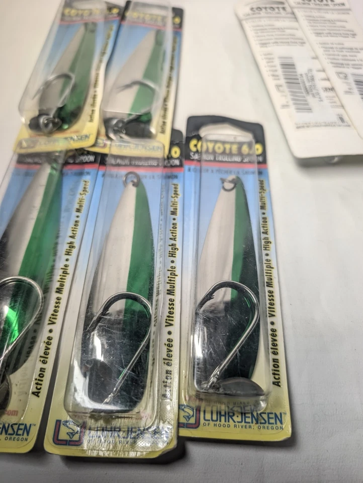 Lot of 7 Luhr-Jensen Coyote 6.0 Salmon Trolling Spoons NEON GREEN/NKL 4.5" - Image 2 of 4