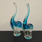 Pair Vintage Murano Elephants Rich Royal Blue & Clear Long Upward Stretch Trunk!