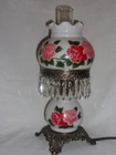 Antique Gone With The Wind Hurricane Lamp Milk Glass Flowers/Crystals Hanging