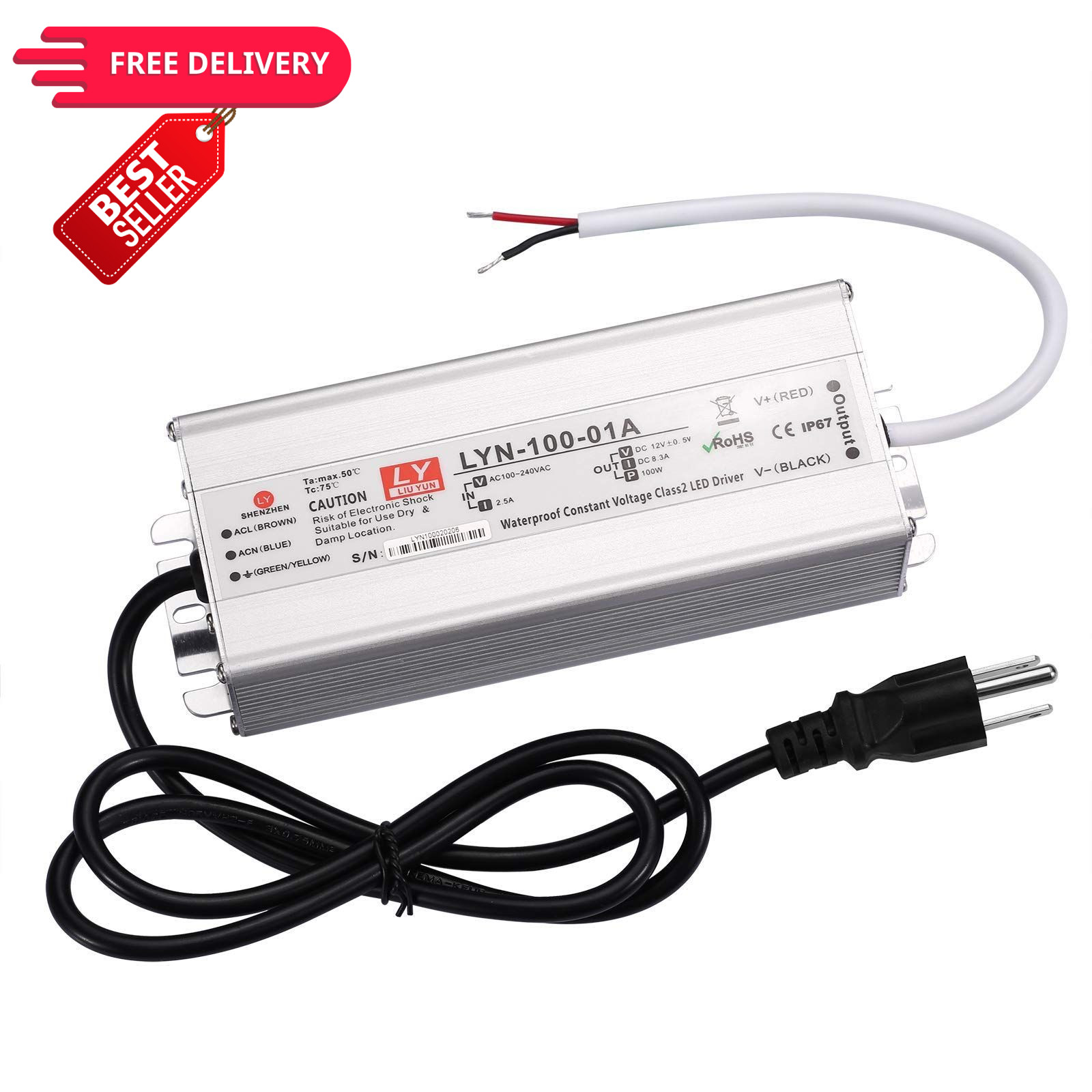 LED Driver 100 Watts 110V AC to 12V DC Low Voltage Output, IP67 100W-12V