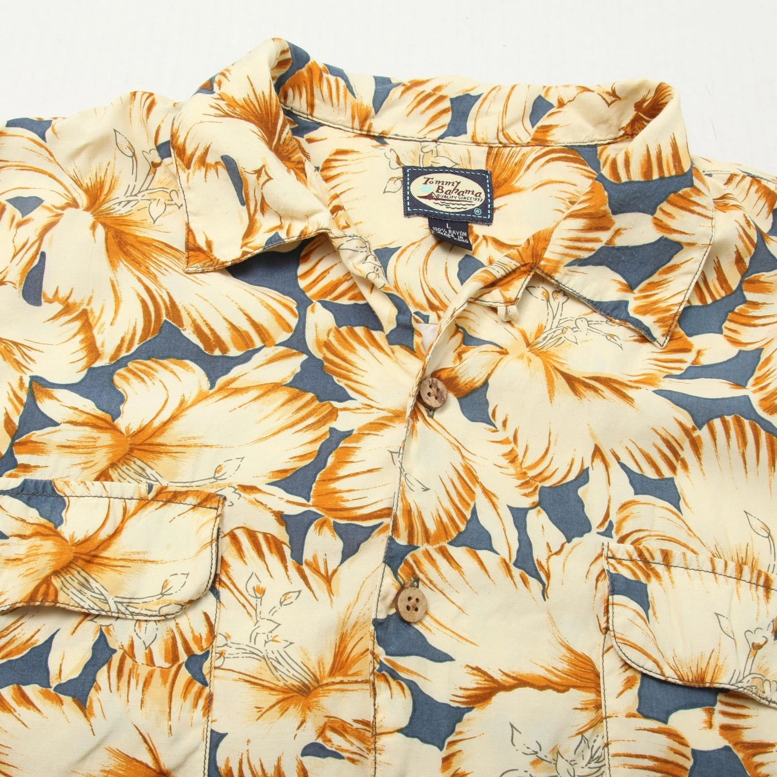 Tommy Bahama Shirt Men Large Blue Orange Floral Hawaiian Aloha Rayon Loop Collar