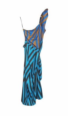Diane Von Furstenberg One Shoulder Mixed Print Silk Midi Dress 10 Blue Polka Dot
