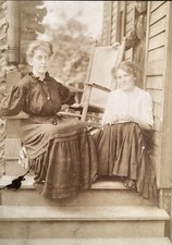 1890  s Antique CABINET PHOTO Two Young Pretty Ladies Seated On Porch