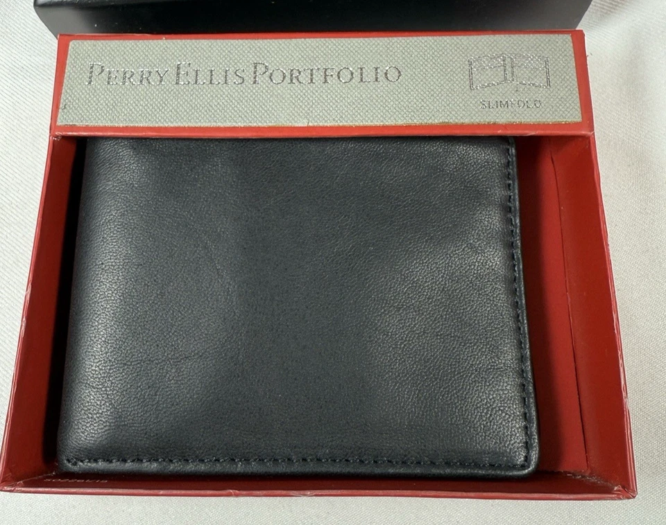 Cartera de cuero negra plegable delgada para hombre Perry Ellis Portfolio - NUEVA Foto 2 de 4