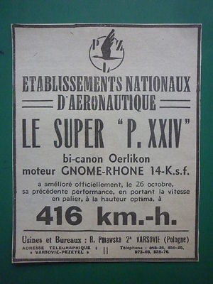 12/34 PUB PZL FLUGZEUG SUPER P.XXIX GNOME-RHONE OERLIKON WARSCHAU ORIGINAL ANZEIGE