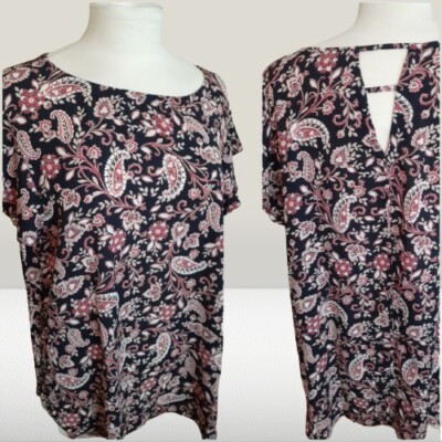 LOFT Blouse top Paisley Black Red pattern flutter sleeve XL/14/16 Career Work