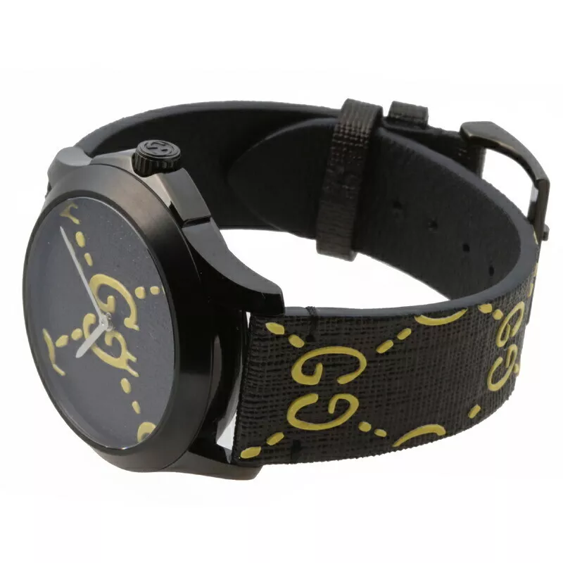NEW GUCCI G-TIMELESS 38MM BLACK/YELLOW DIAL LEATHER WATCH