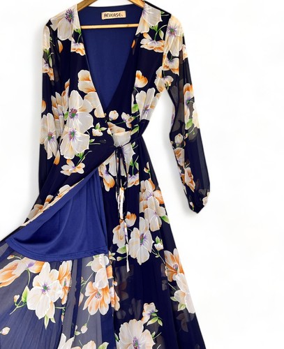 REVERSE Sheer Wrap Dress Womens Plus Size L Navy Blue Floral Print Lined - Picture 5 of 16