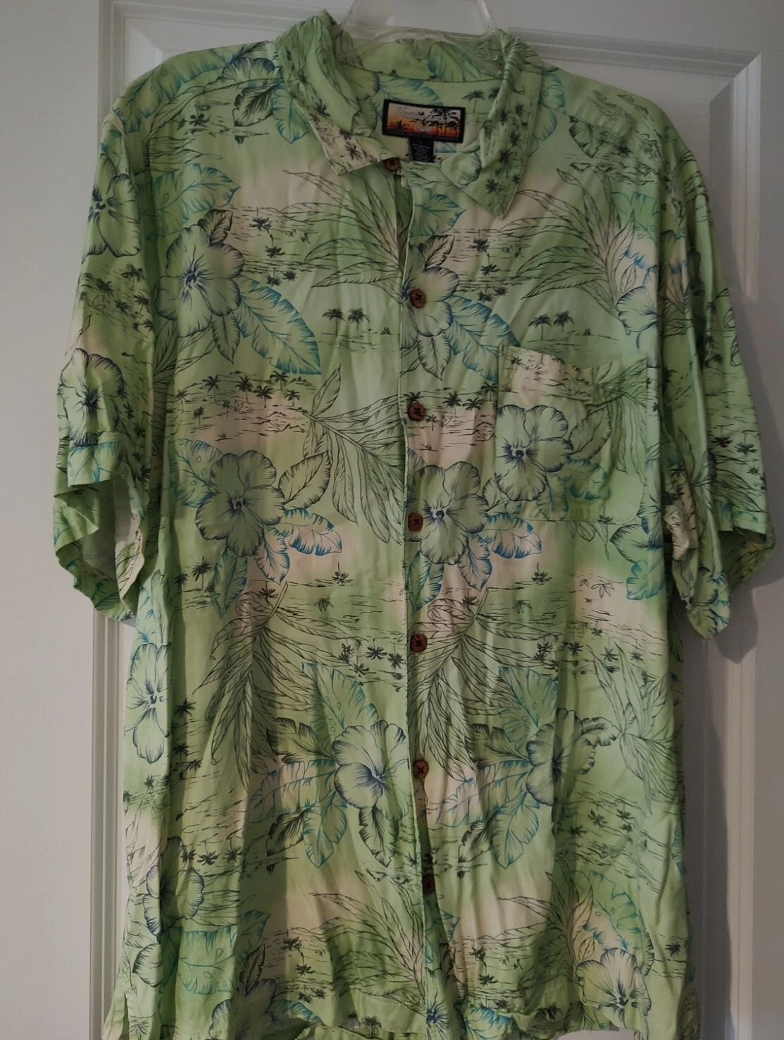 Havana Jacks Cafe Mens green Short Sleeves Hawaiian 100% Rayon Buttons Up sz L
