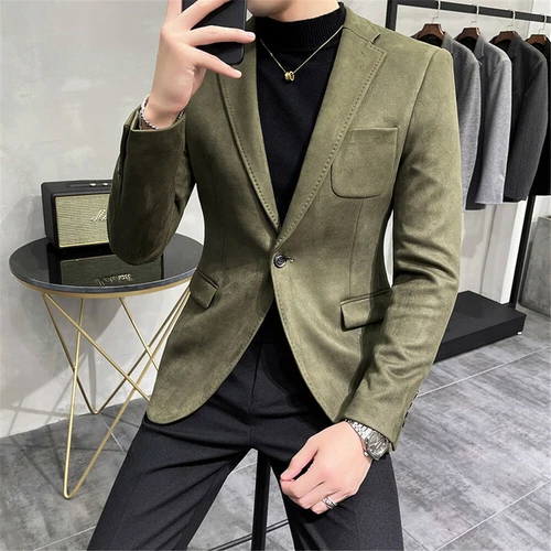 Men Suede Blazer Jacket Business Formal Casual Button Slim Fit Suit Coat Tops - Picture 5 of 21