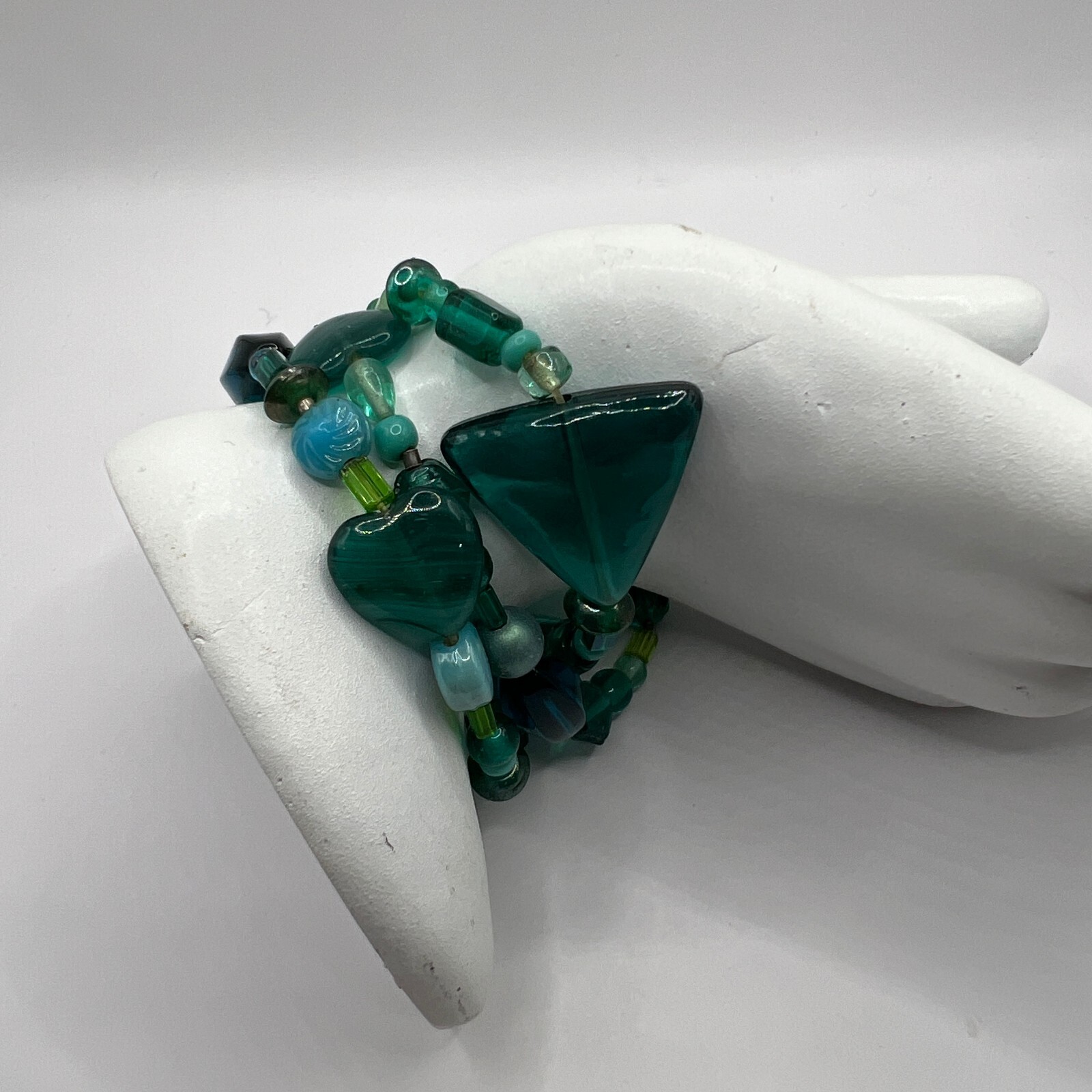 Glass Stone Bracelet Green and Blue Three Strand Toggle Closure