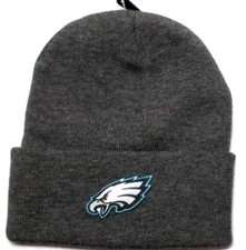 Philadelphia Eagles flat applique logo on dark grey beanie  cap hat. See details