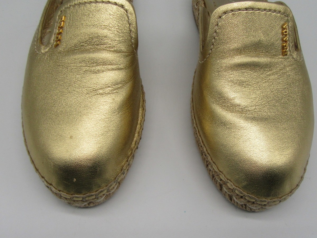 サンダル・ミュール PRADA Gold Leather Espadrilles PRADA gold metallic leather espadrille mules sz 37.5 | eBay