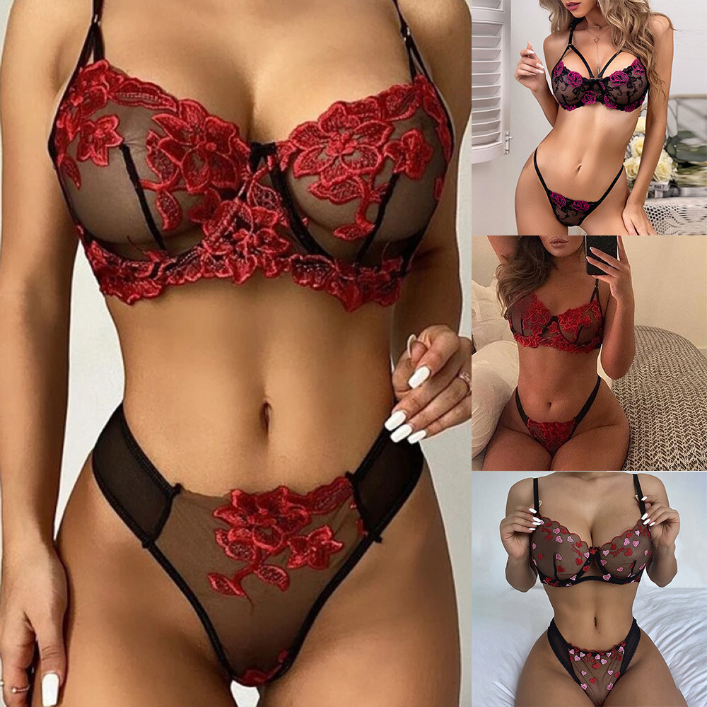 Womens Sexy Lace Bra Set Ladies G-String Thong Babydoll Underwear Nightwear