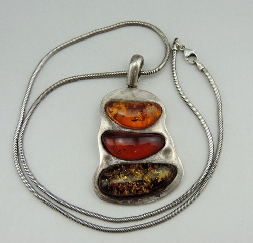 Collier Vintage En Argent 925 Avec Pendentif Ambre - Chaîne Et Pierre Naturelle