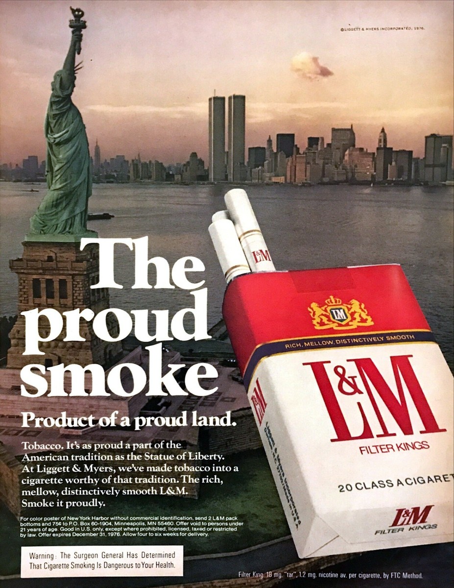 statue of liberty smoking a cigarette 1976 World Trade Center Statue of Liberty photo L&M Cigarettes vintage  print ad