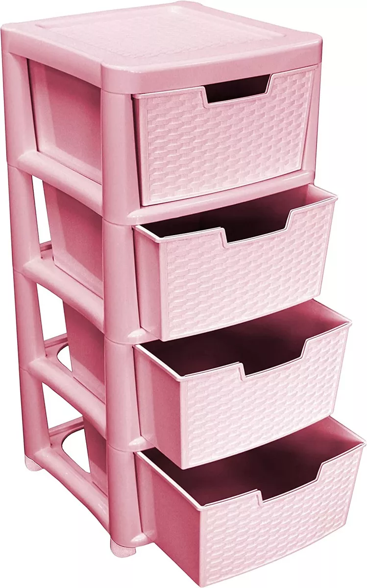 Large Pink 4 Drawer Plastic Rattan Storage Tower Unit Chest Office Home  School