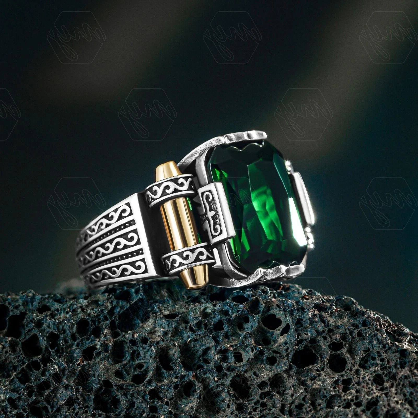 Real 925 Sterling Silver Turkish Jewelry Zircon Green Stone Men's