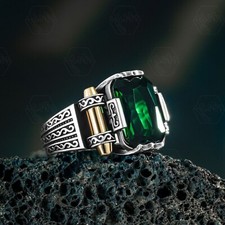 Real 925 Sterling Silver Turkish Jewelry Zircon Green Stone Men's Ring All Size