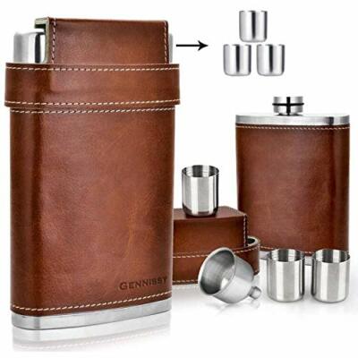 304 18/8 Stainless Steel 8oz Flask Brown Leather With 3 Cups And Funnel 100% 