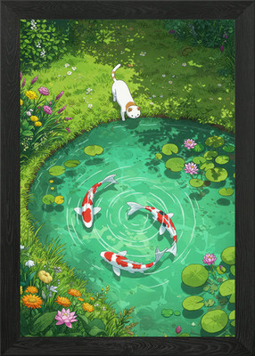Katze und Koi Teich Illustration gerahmtes Wandbild Poster Leinwanddruck Bild