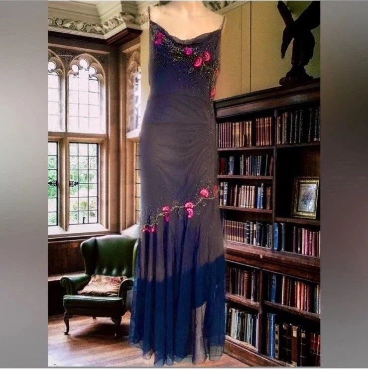 Vestido de graduación gótico superpuesto de malla con cuentas Xscape 100 % seda años 90 vintage para mujer talla 12 Foto 2 de 4