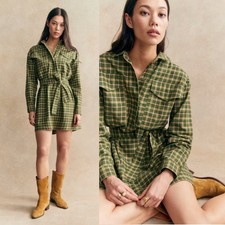 NWT Sezane Bellamy Dress Robe US 2 Wakefield Check Green Plaid Shirt Dress