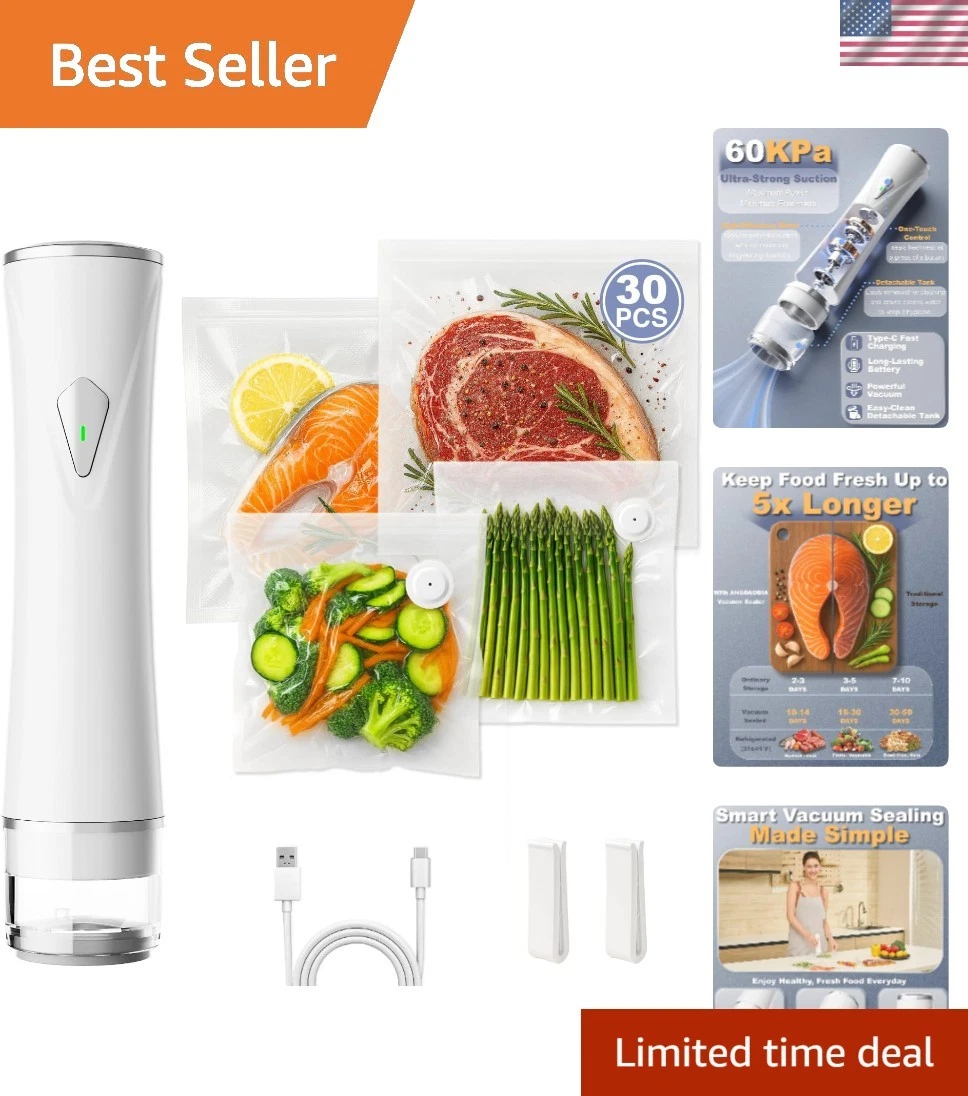 Portable Vacuum Sealer Machine in White - Smart Sealing with 30 Food-Safe Bags
