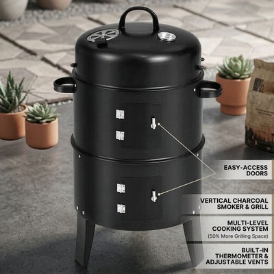 Vertical Charcoal Smoker Grill Outdoor BBQ Barrel Smoker with Thermometer