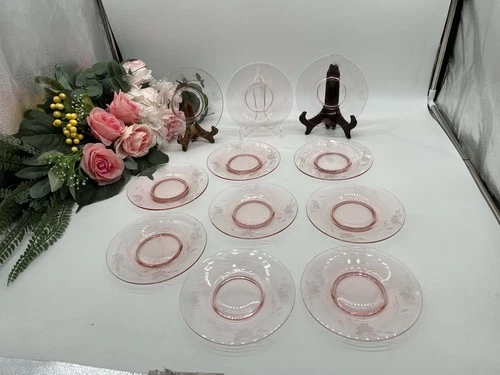 1 Pink Depression Glass Etched Floral- 6 1/4" Plate - Bread, Appetizer, Dessert