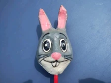 Paper Mache Bunny Rabbit Head Maraca Rattle On Stick 18”