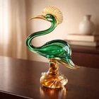 Vintage Murano Style Glass Heron Bird Green Amber Gold Crest 11"