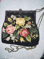 Vintage needlepoint tapestry purse handbag black with flowers