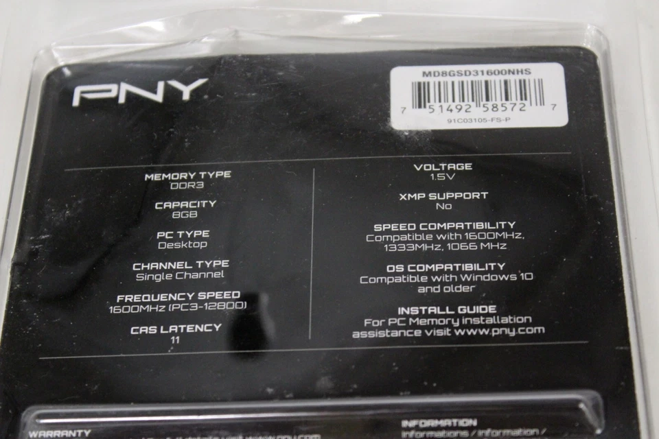 PNY 8GB 1600 MHz DDR3 DIMM Desktop Memory New in Sealed Package Single Channel - Image 4 of 4