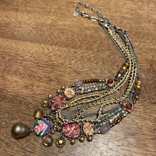 Ayala Bar Artisan Multi Strand Necklace Chain Glass Pearls Textile ART Crystals