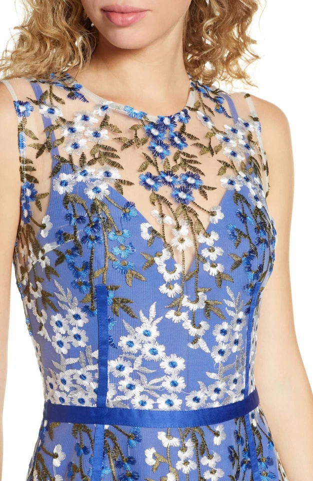 $498 Vestido de Cóctel BRONX & BANCO NUEVO CON ETIQUETAS Azul y Blanco Floral Malla Bordada M 6 Foto 3 de 4