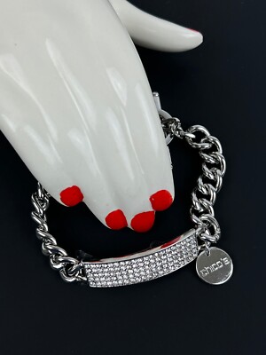 Chicos Silver Tone Clear Rhinestones ID style Chain Bracelet New Adjust Fit 