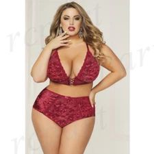 New Women lingerie lace two piece bra set burgundy plus size 1X 2X 3X 4X 10817X