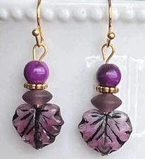 Romantic Gold and Purple Maple Leaf Dangle Earrings.