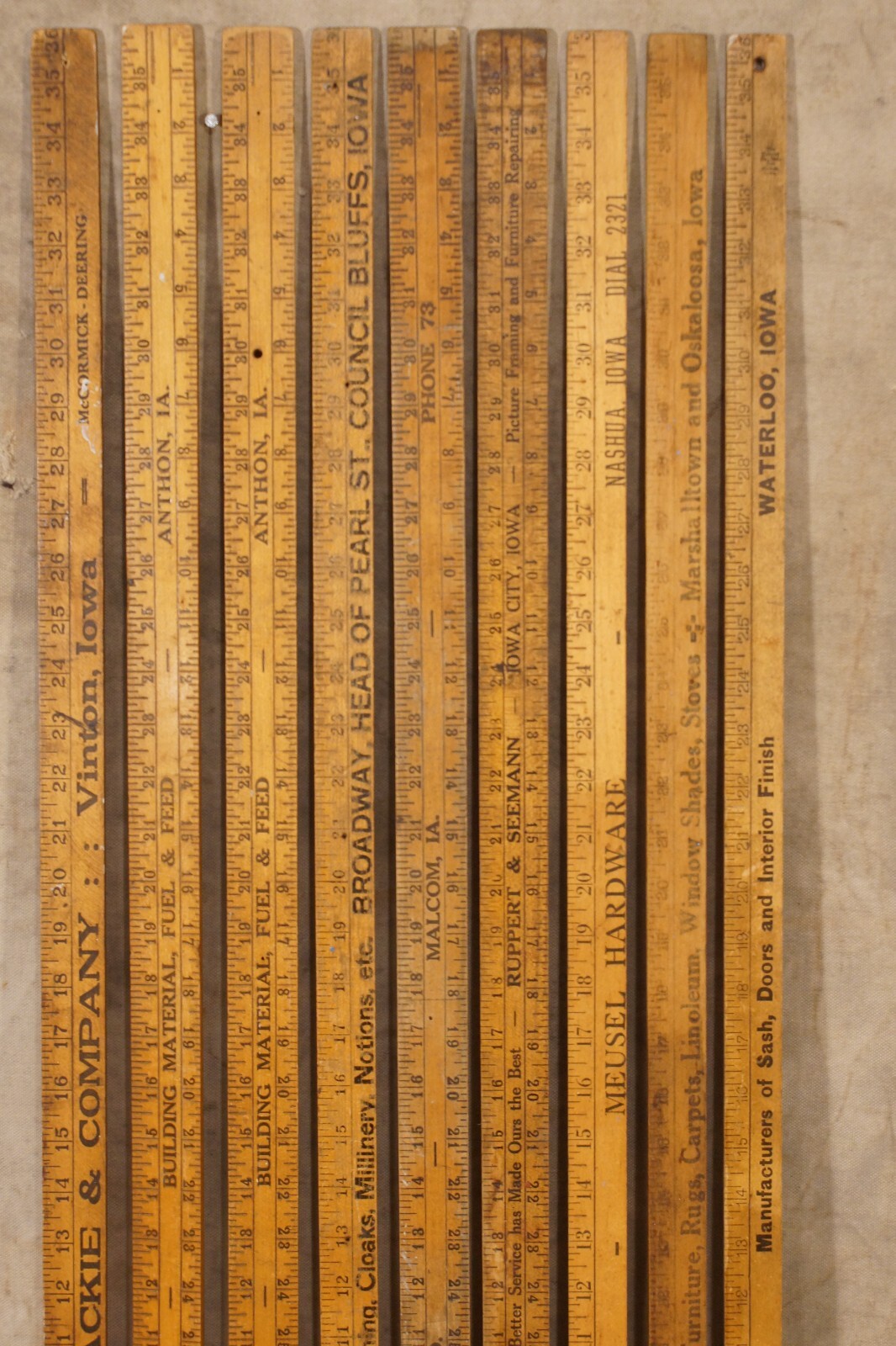Antique Vintage Advertising Ruler Yardsticks All Iowa Stores Lot of 9