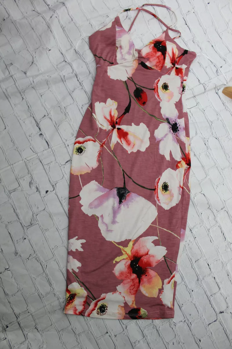 Kimcine Women s Pink Floral Curve Spaghetti Sleeveless Dress Size S