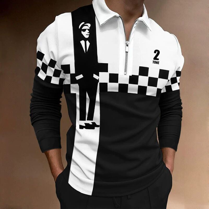 Polo T Shirts Men Zipper Collar Long Sleeve Black White Check Golf Sport  Zip Tee