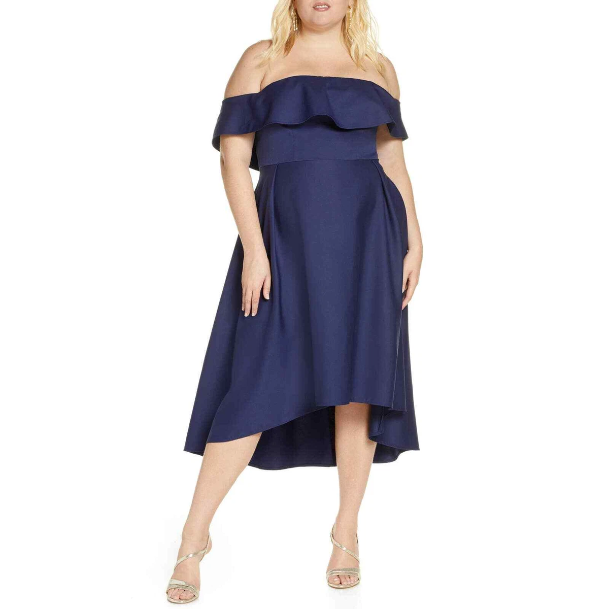 Chi Chi London Curve Yazmina Off the Shoulder Navy Blue Womens High Low  Dress 20