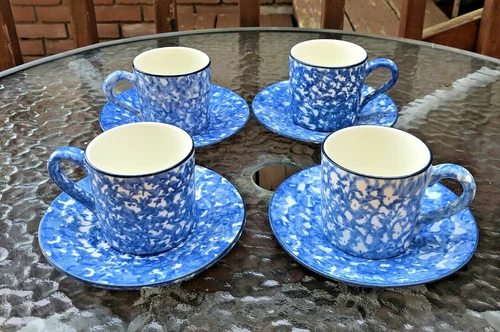 4 Stangl Blue Town And Country 3” Mugs And Saucers @S