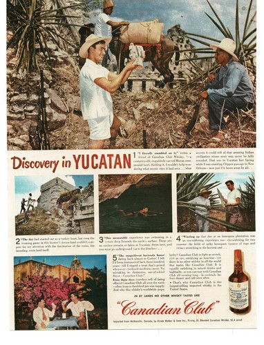 1945 Canadian Club Whisky finding Mayan bowl in Yucatan Mexico Vintage Print Ad
