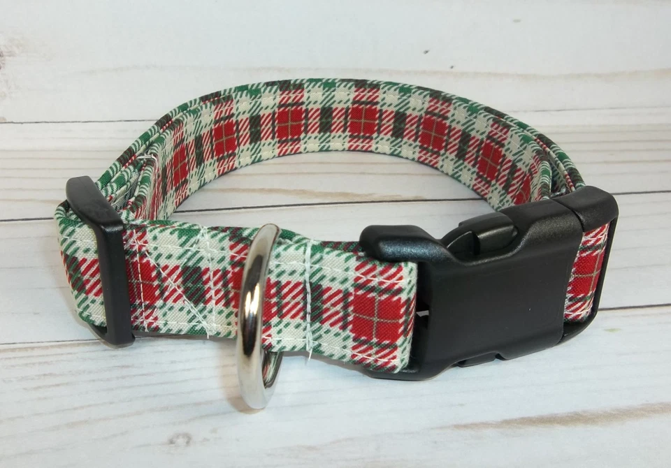 Red Green Cream Plaid Terri's Dog Collar handmade adjustable Boy Christmas - Image 2 of 3